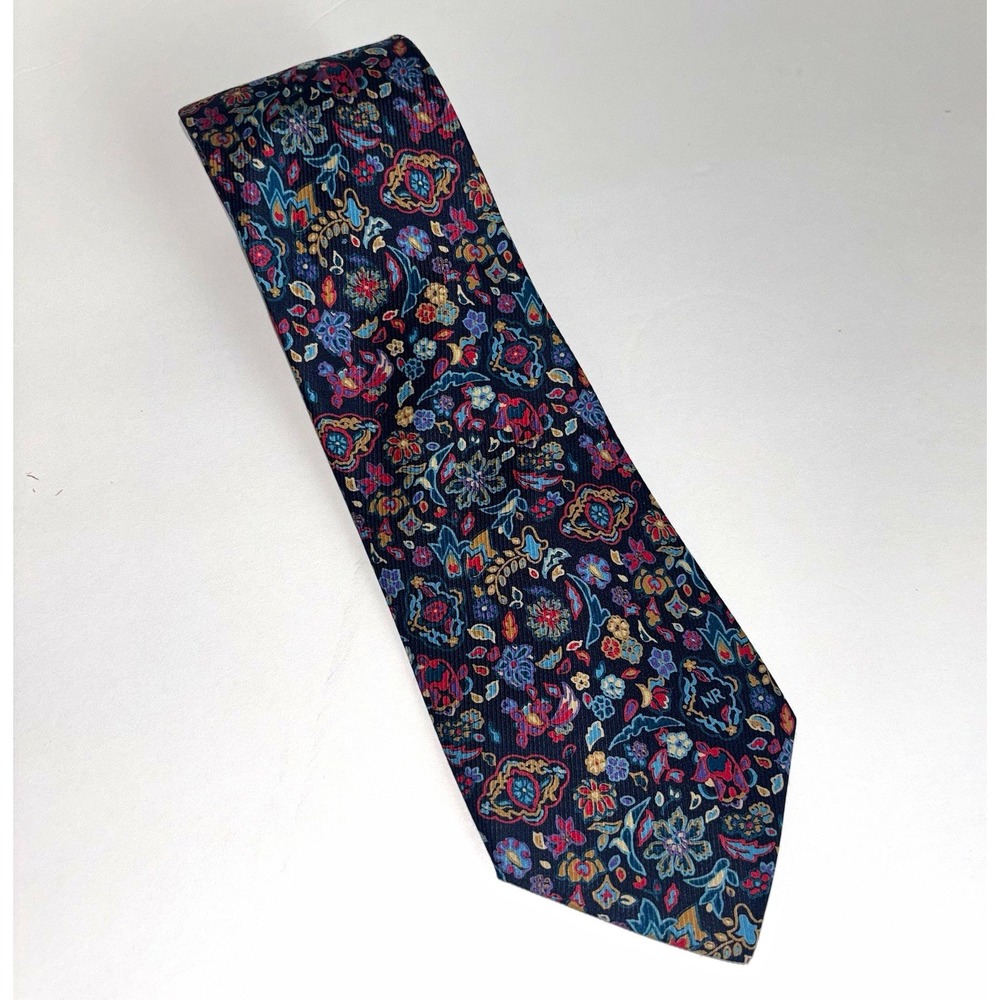 Nina Ricci Navy Multicolor Floral Logo Woven Silk Point Neck Tie Handmade
